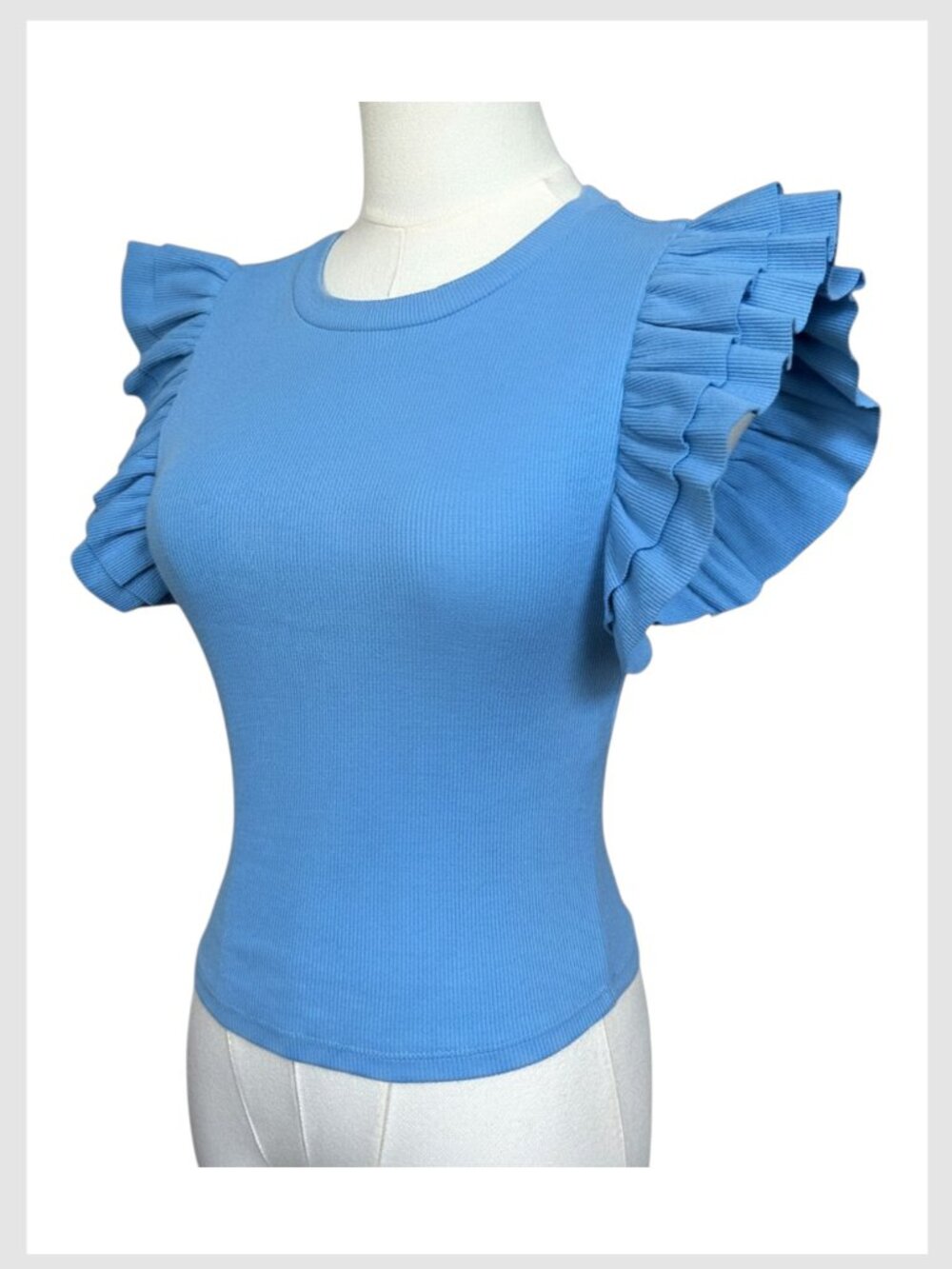 Zara Ribbed Crop Top Blue Ruffle Sleeve Crew Neck M - Picture 4 of 7